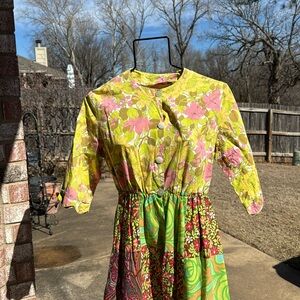 Vintage Patchwork Cotton Day Dress Flowers Lime Green Oranges pinks